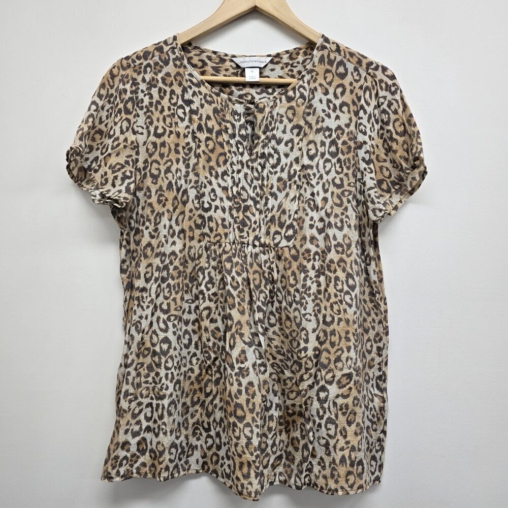 Christopher & Banks Animal Print Short Sleeve Blouse Size M Pleated Leopard